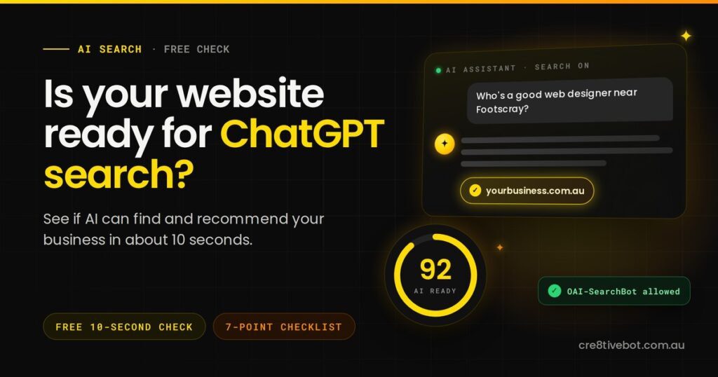 AI assistant recommending a local business website, with an AI readiness score and search crawler check